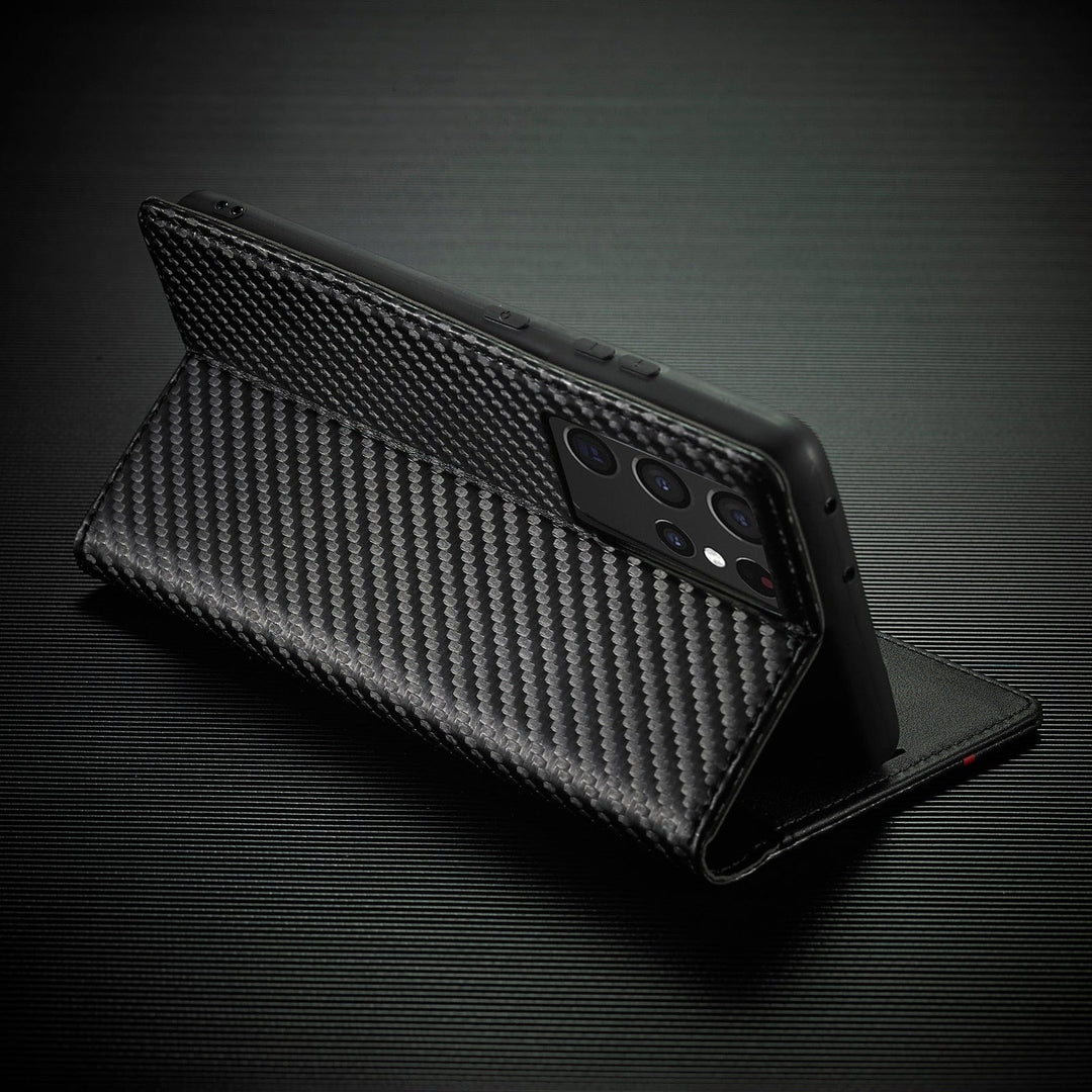 S23 Phone case | Card holder made of carbon fiber leather with magnetic closure
