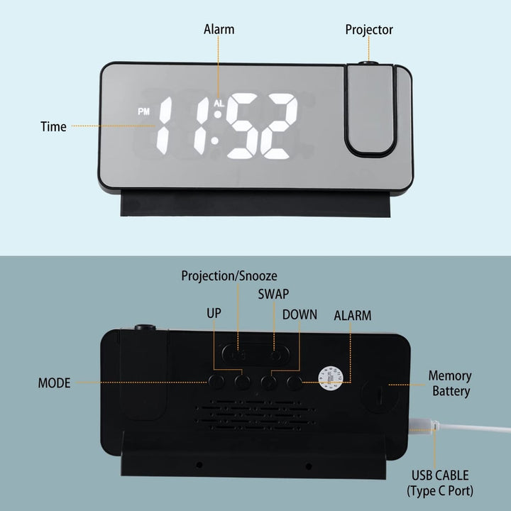 Projection Alarm Clock | LED Display with Mirror Surface | Dual Alarms &amp; Temperature | 19cm