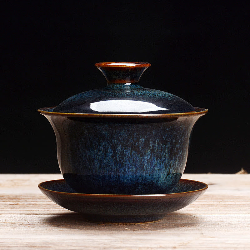 Vintage Kiln Ceramic Gaiwan Sancai Tea Cup Tea Cup and Saucer with Lid