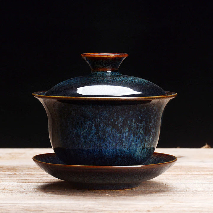 Vintage Kiln Ceramic Gaiwan Sancai Tea Cup Tea Cup and Saucer with Lid