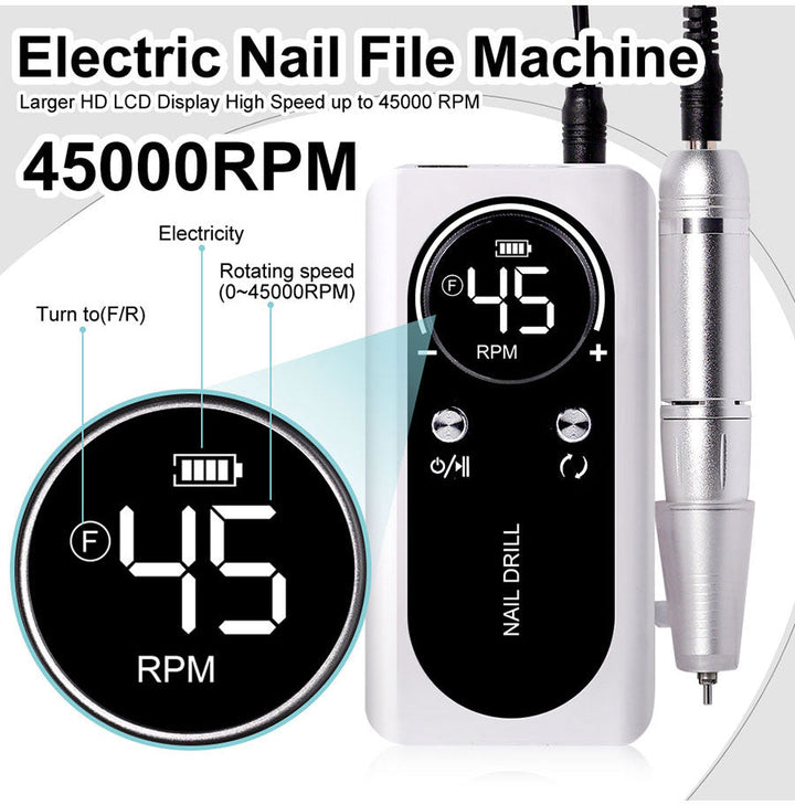 Professional 45000RPM portable electric nail file with rechargeable battery | Low noise level for manicure