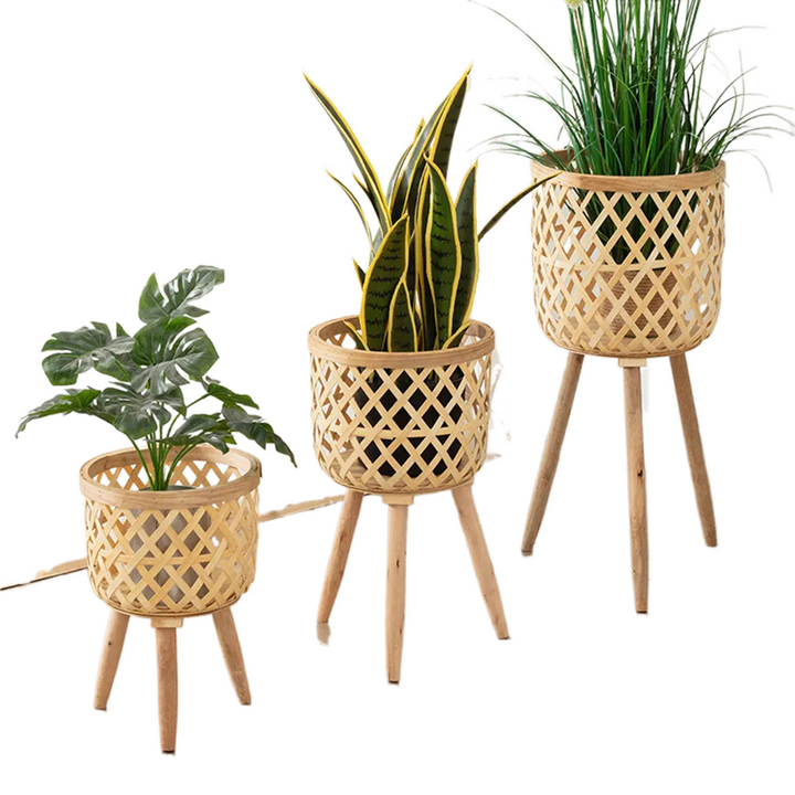 Handcrafted Bamboo Woven Flower Pot with Stand Plant Flower Display Storage Stand DIY Storage Children&