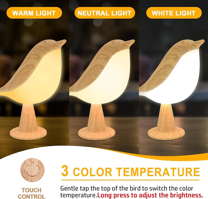 Touch-Control Wooden Bird Night Light - Rechargeable LED Bedside Lamp