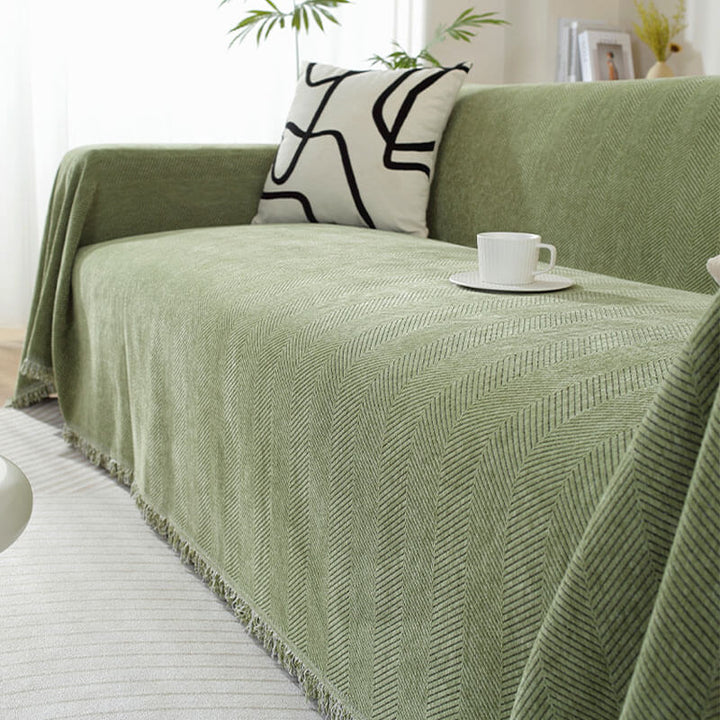 Chenille Sofa Cover Herringbone Tassel Design