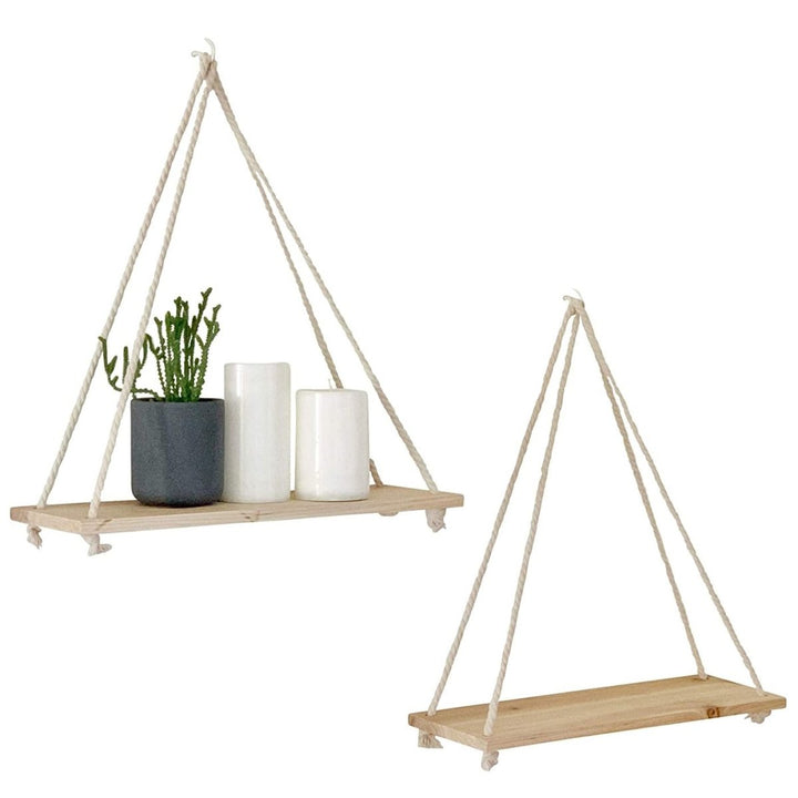 Scandinavian Wood Hanging Shelf - Minimalist Floating Wall Shelf with String