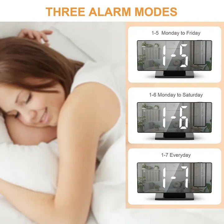 180° Adjustable LED Projection Alarm Clock – Snooze, 12/24H Time &amp; Temperature Display, Mirror Design – USB Powered, Night Mode &amp; Memory Function