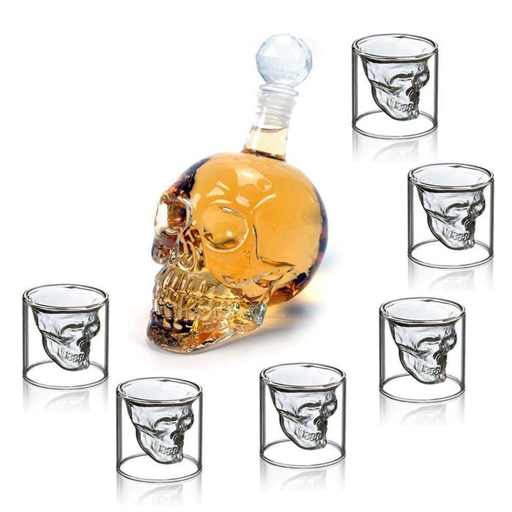 Skull Carafe Decanter &amp; 6 Shot Glasses