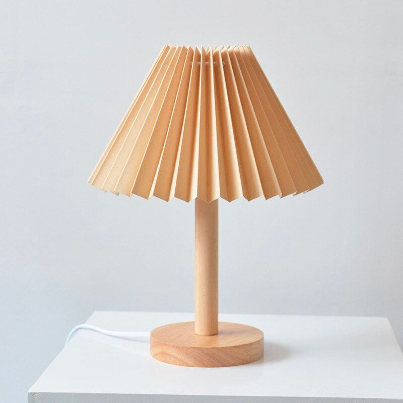 Wood bedside lamp with folded shade