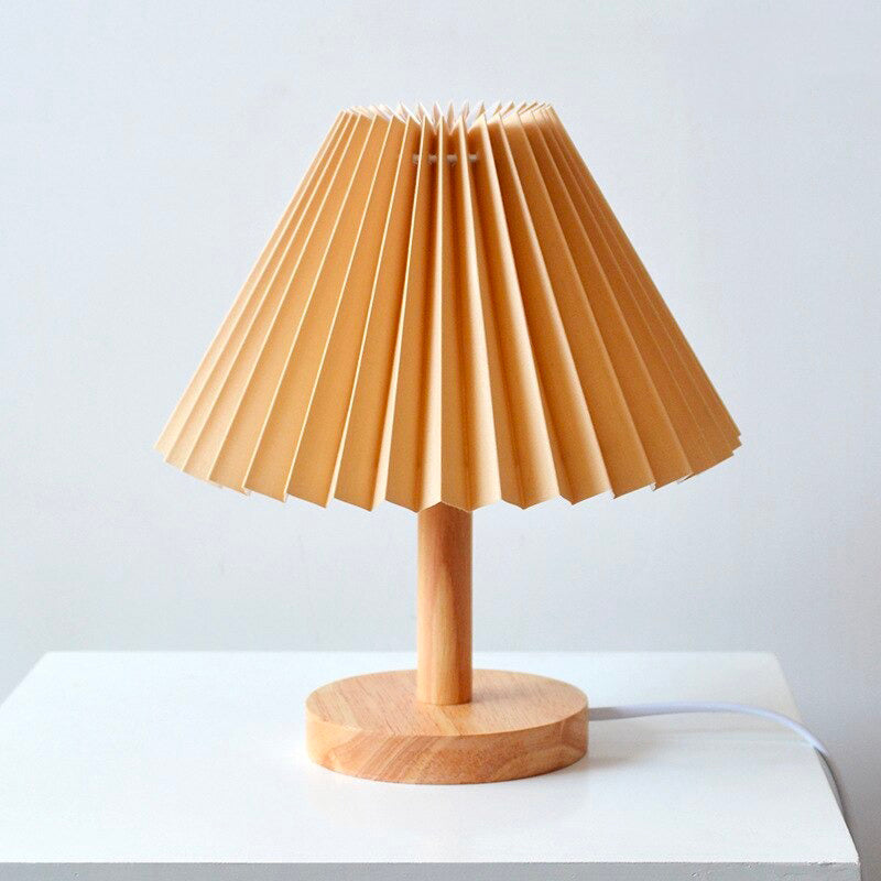 Wood bedside lamp with folded shade