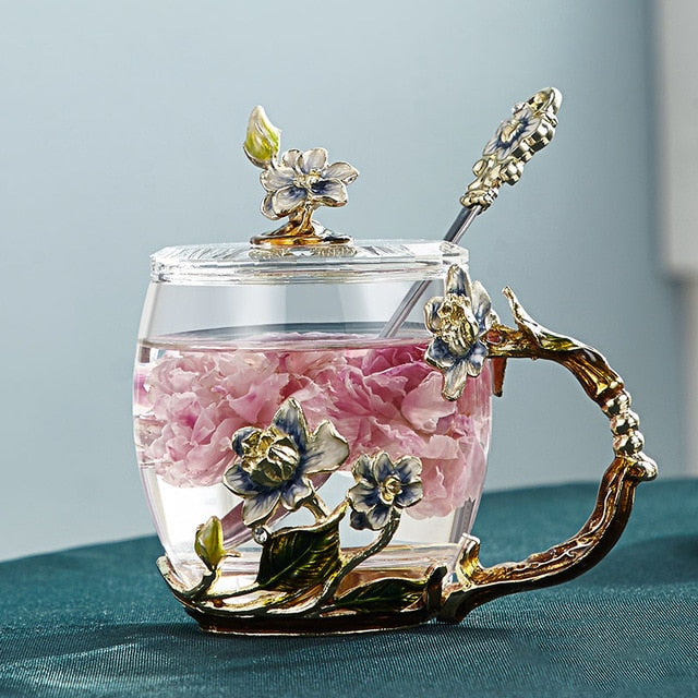Handcrafted enamel flower glass mug for couples love gift can serve coffee, flavored tea or even lemon juice in