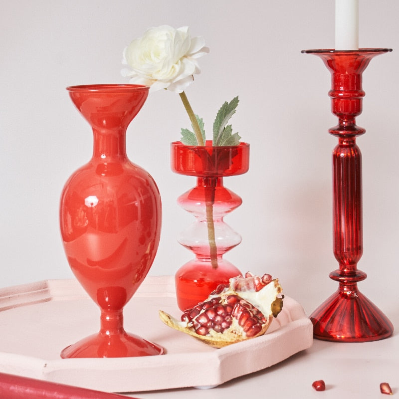 Cherry Red Glass Stick Candle Holder &amp; Vases