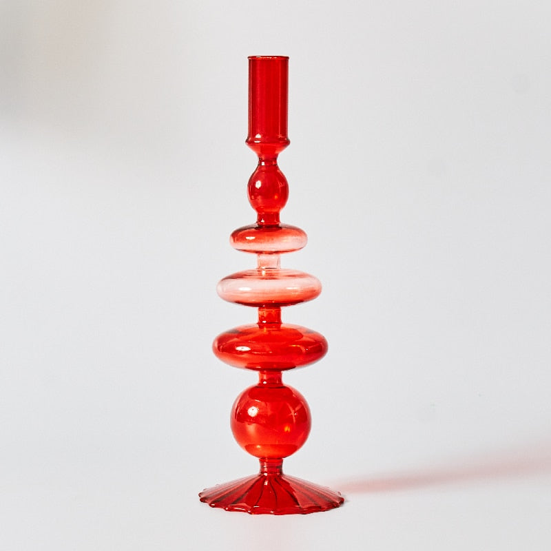 Cherry Red Glass Stick Candle Holder &amp; Vases