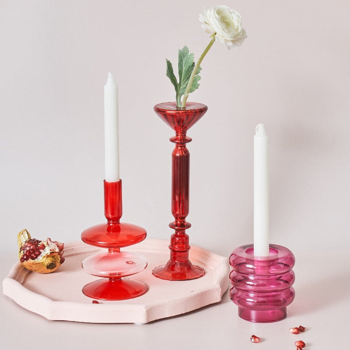 Cherry Red Glass Stick Candle Holder &amp; Vases
