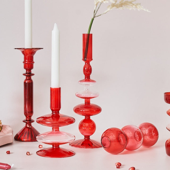 Cherry Red Glass Stick Candle Holder &amp; Vases