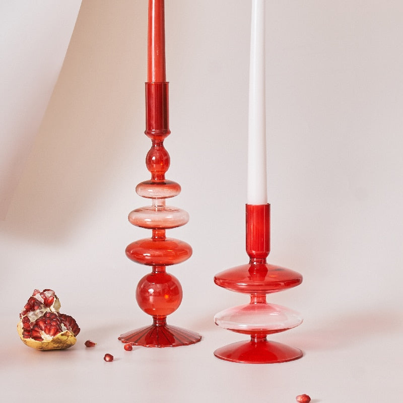Cherry Red Glass Stick Candle Holder &amp; Vases