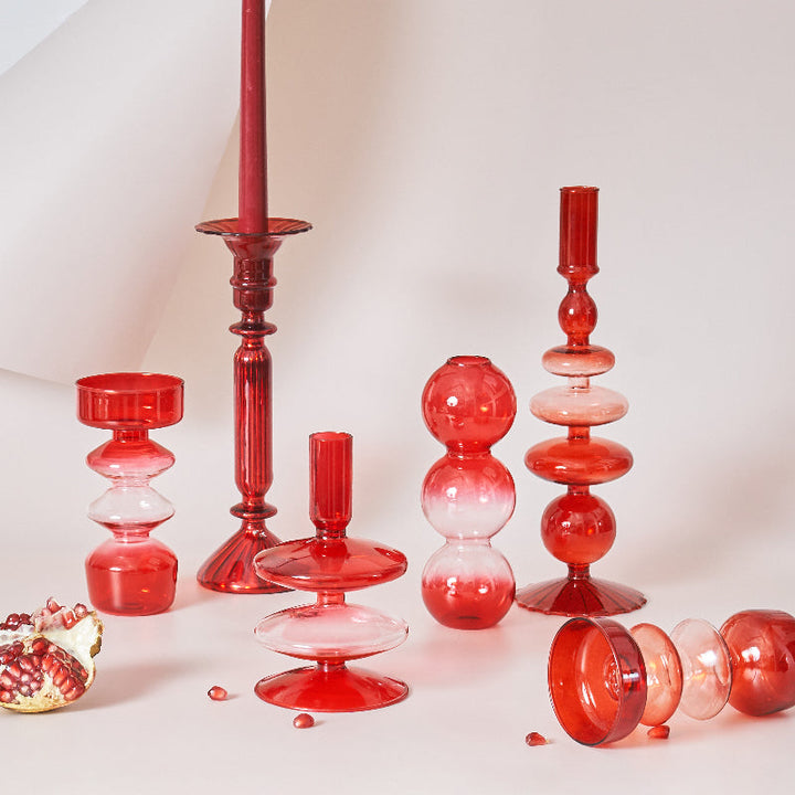 Cherry Red Glass Stick Candle Holder &amp; Vases