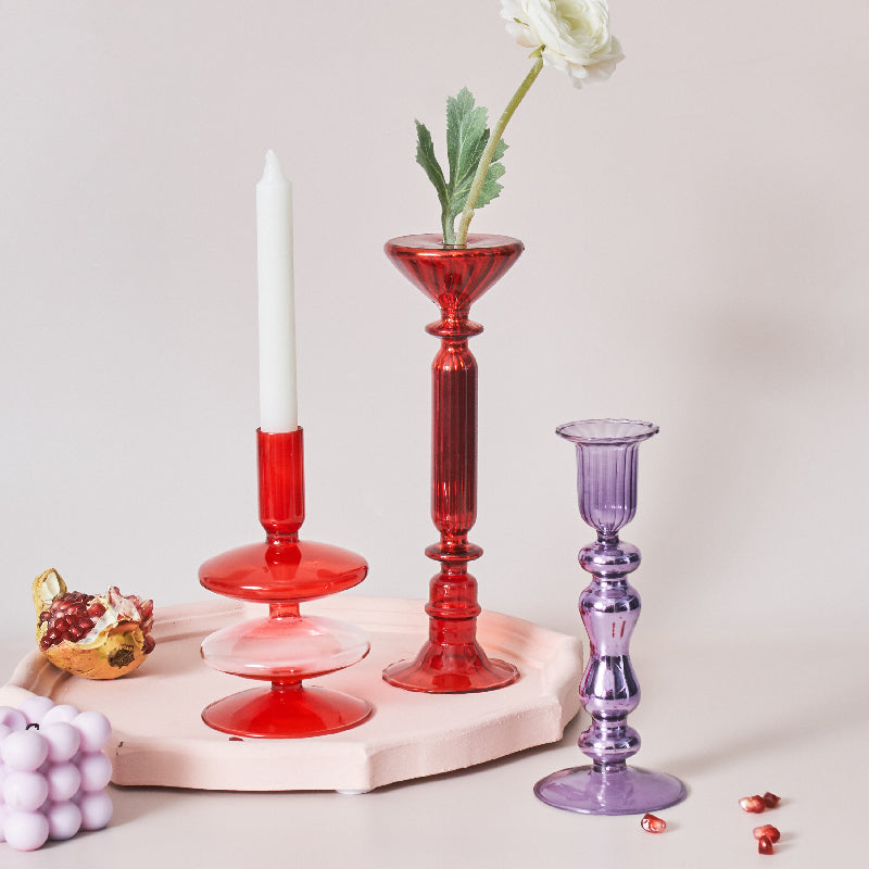 Cherry Red Glass Stick Candle Holder &amp; Vases