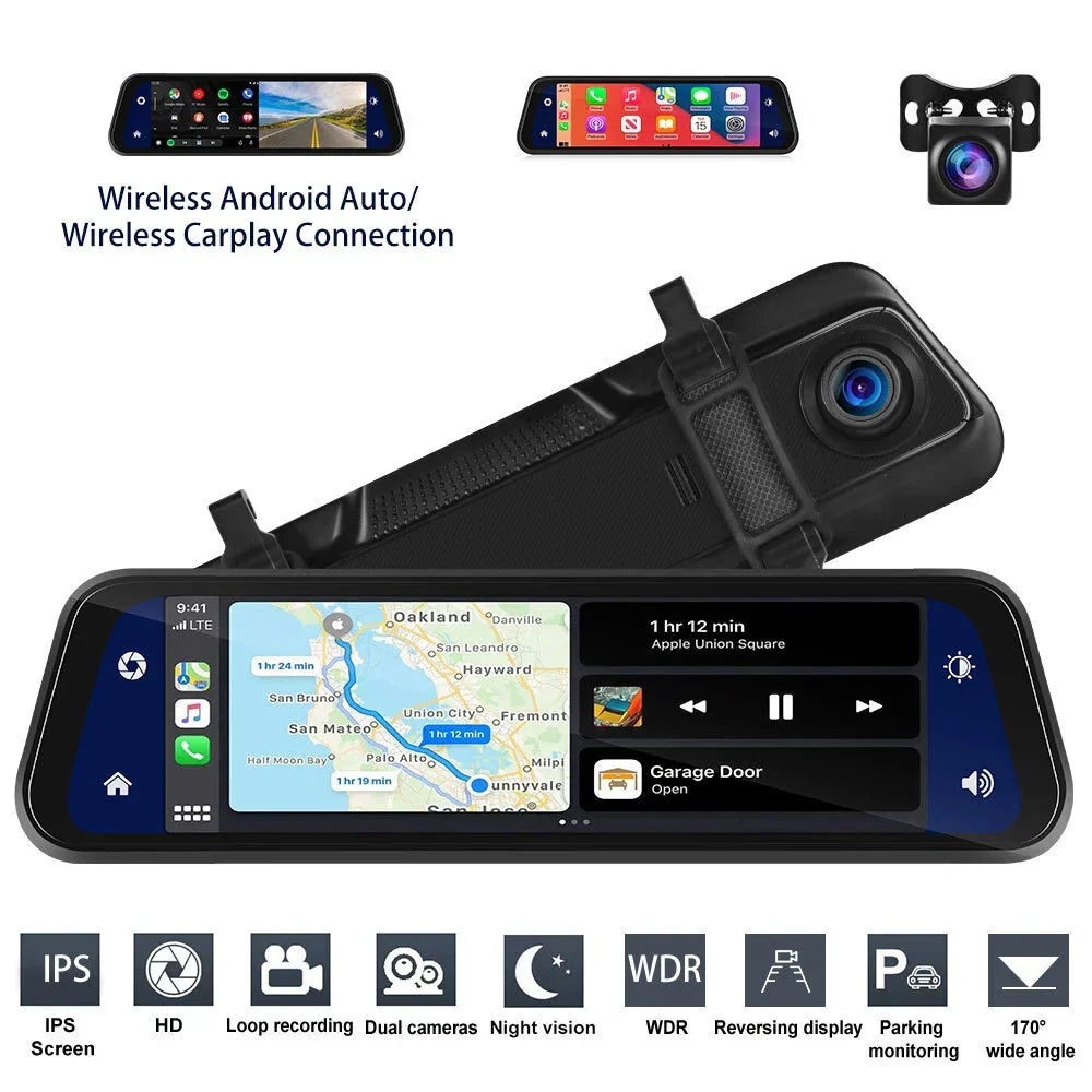 Rearview Mirror Dash Cam 4K Front &amp; Rear | CarPlay &amp; Smart Driving Assistant