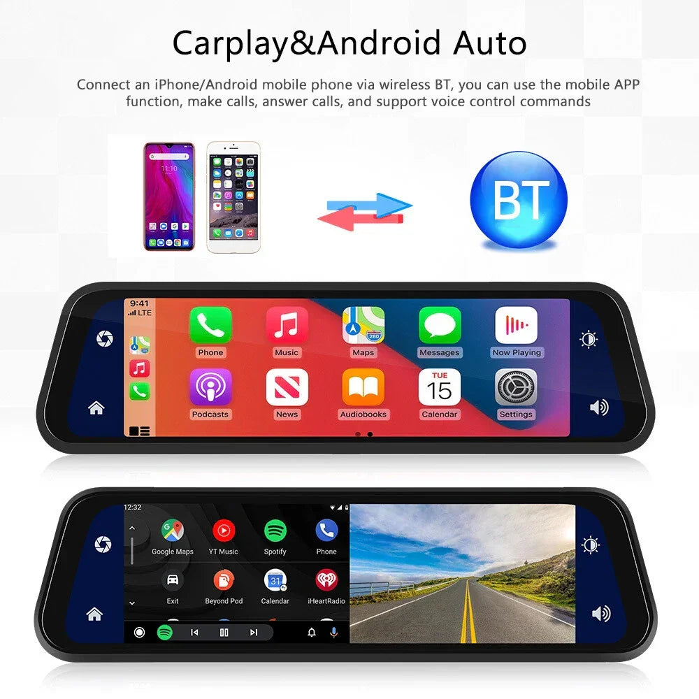 Rearview Mirror Dash Cam 4K Front &amp; Rear | CarPlay &amp; Smart Driving Assistant