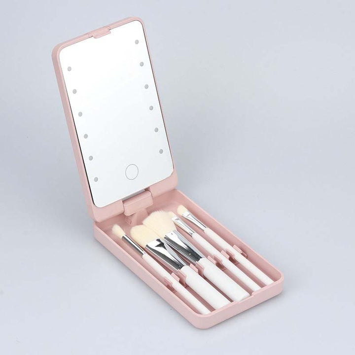 Travel makeup brush set with LED light mirror