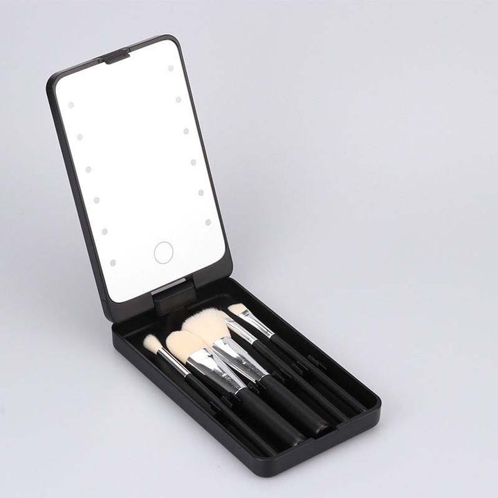 Travel makeup brush set with LED light mirror