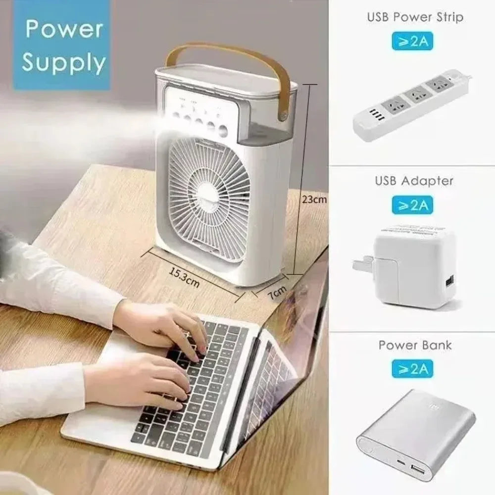 3-in-1 Portable Air Cooler with LED Lights – USB-Powered Desktop Fan, Humidifier &amp; Night Light |