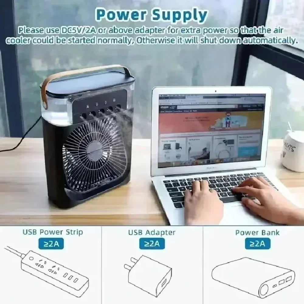 3-in-1 Portable Air Cooler with LED Lights – USB-Powered Desktop Fan, Humidifier &amp; Night Light |