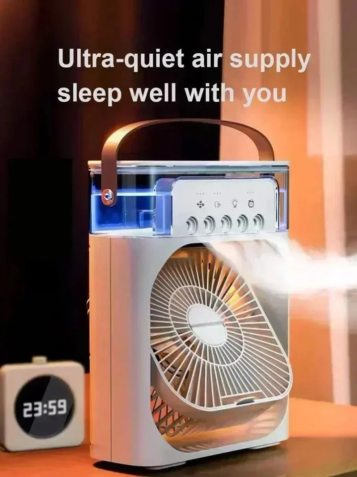 3-in-1 Portable Air Cooler with LED Lights – USB-Powered Desktop Fan, Humidifier &amp; Night Light |