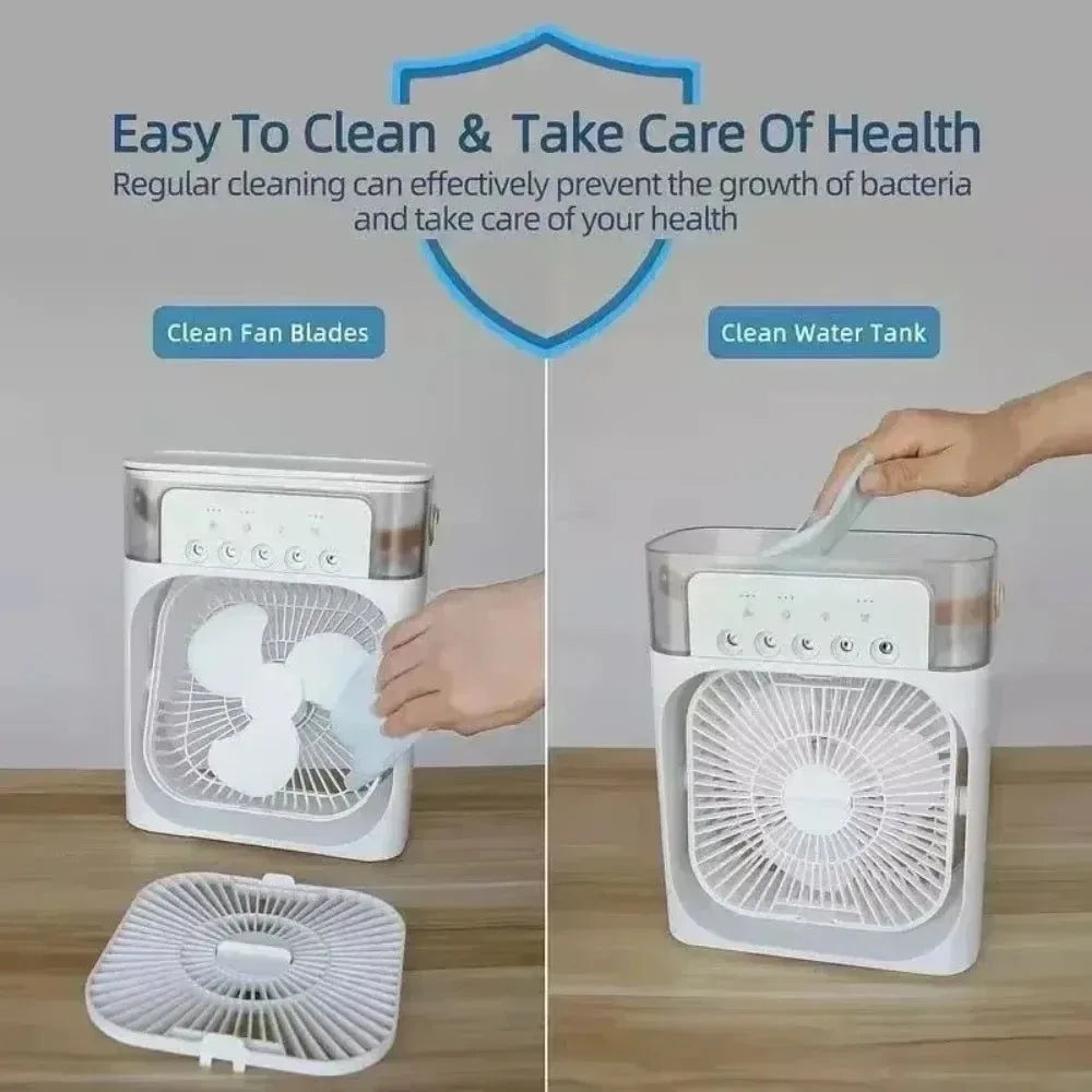3-in-1 Portable Air Cooler with LED Lights – USB-Powered Desktop Fan, Humidifier &amp; Night Light |