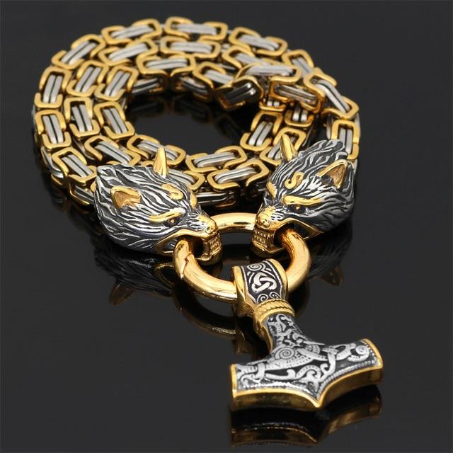 60–90 cm Stainless Steel Double Wolf Head &amp; Mjolnir Survival Spirit Necklace/Bracelet