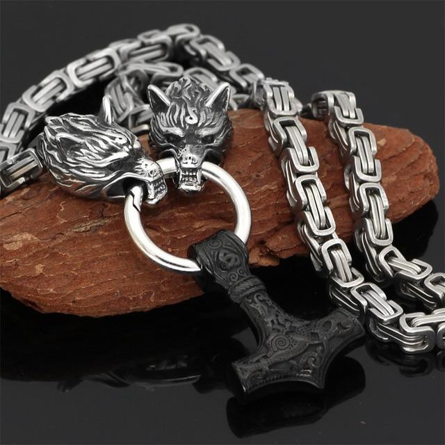 60–90 cm Stainless Steel Double Wolf Head &amp; Mjolnir Survival Spirit Necklace/Bracelet