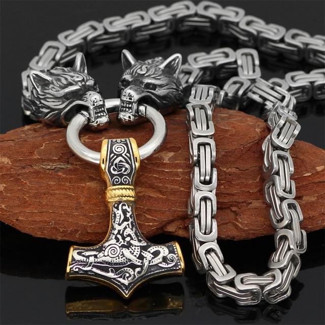 60–90 cm Stainless Steel Double Wolf Head &amp; Mjolnir Survival Spirit Necklace/Bracelet