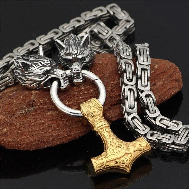 60–90 cm Stainless Steel Double Wolf Head &amp; Mjolnir Survival Spirit Necklace/Bracelet