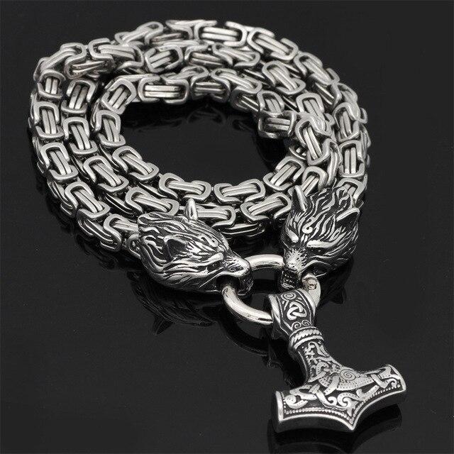 60–90 cm Stainless Steel Double Wolf Head &amp; Mjolnir Survival Spirit Necklace/Bracelet